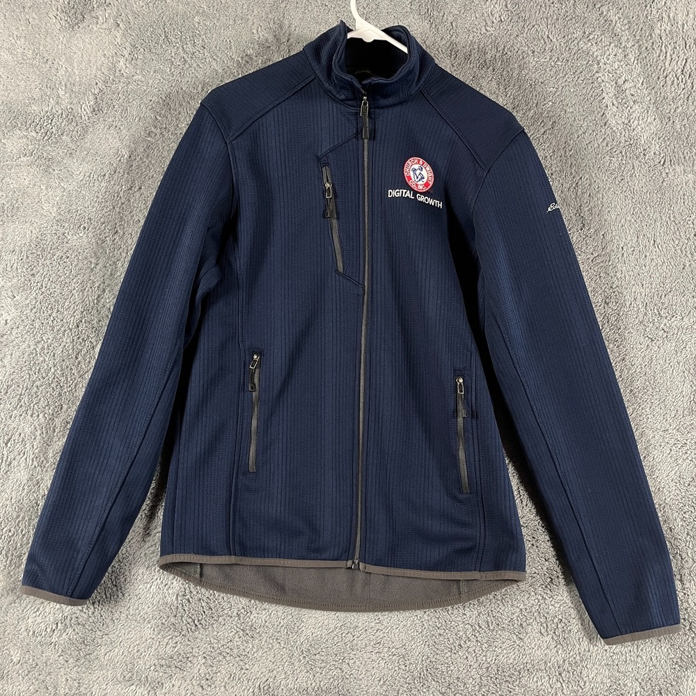 Eddie Bauer Crosshatch Soft Shell Jacket Mens S Blue Church Dwight Logo Full Zip